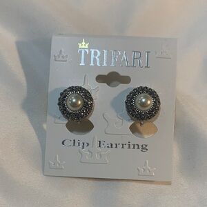 Trifari Black and Pearl Clip Earrings